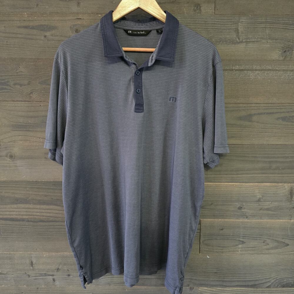 TravisMathew Men's XL Polo Shirt Gray Navy Stripe Short Sleeve Golf Casual Peru